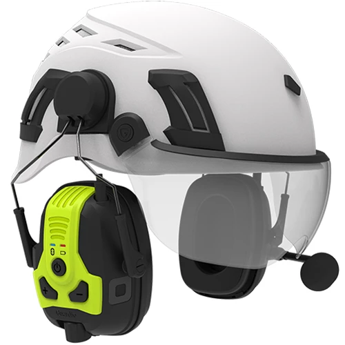 Hörselskyddet Guardio Freebird BTX monterade på bygghjälm.