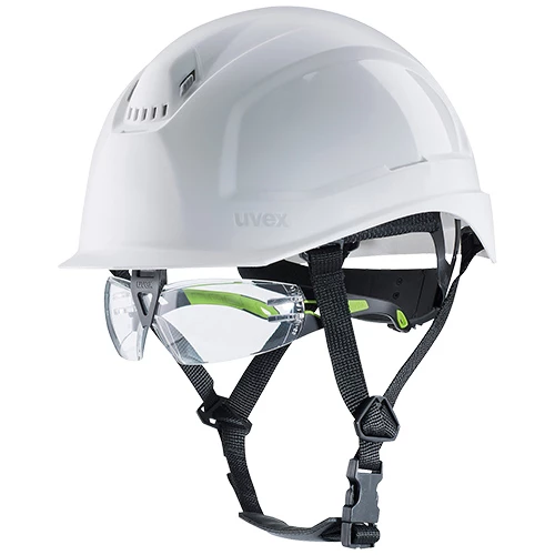 Skyddshjälm Uvex Pheos S-KR IES i vit färg med skyddsglasögon.