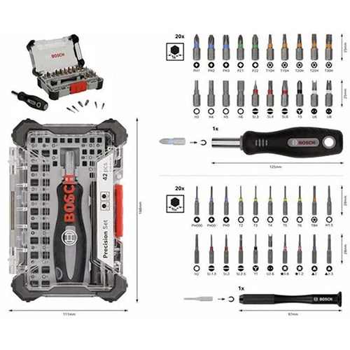 Bosch precisionsbitssats 42 delar och visning av dess innehåll.