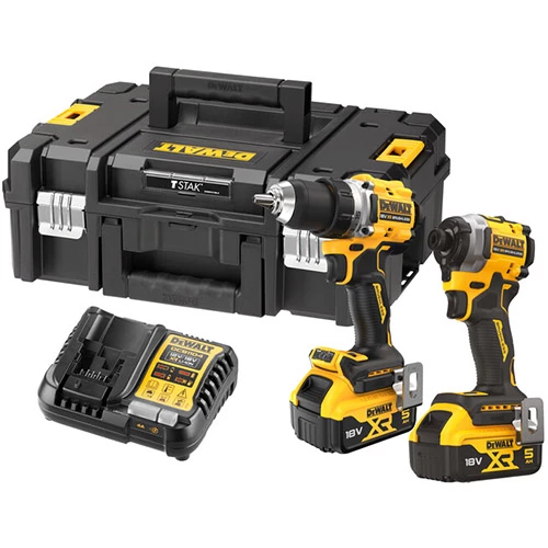 DeWalt Verktygskit 18V DCK2051P2T-QW med 2st elverktyg, 2st 5-Ah-batterier och laddare.