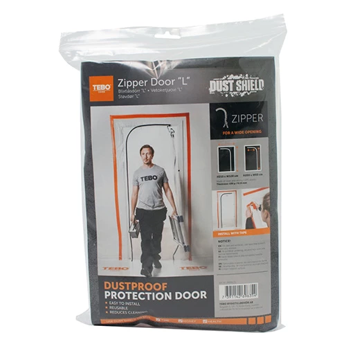 Dammdörr 2,2X1,12m med blixtlås och L-formad öppning i förpackning.