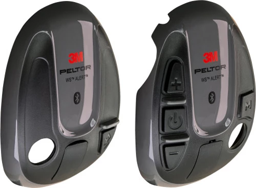 Kåpskal i mörkgrå färg med svara detaljer och texten 3M Peltor på. Ett till höger och ett vänster sida av hörselkåpa.