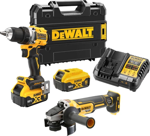 Skruvdragare och vinkelslip med förvaringslåda TSTAK, snabbladdare och två batterier.