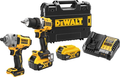 Skruvdragare och mutterdragare med förvaringslåda TSTAK, snabbladdare och två batterier.