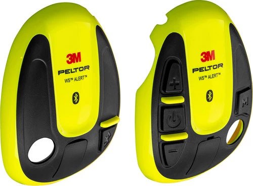 Kåpskal i neongul färg med svarta detaljer och texten 3M Peltor på. Ett till höger och ett vänster sida av hörselkåpa.