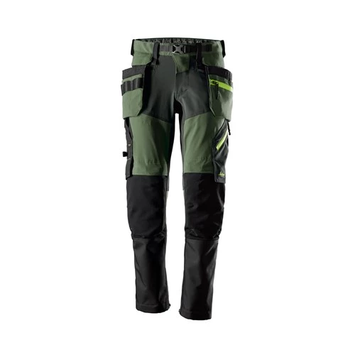 Snickers Flexiwork Softshell Arbetsbyxor 6940 med hölsterfickor i khakigrön och stålgrått med gula detaljer.
