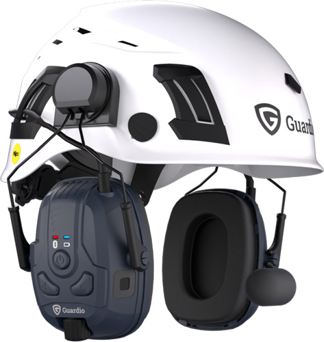 Hörselkåpa Freebird BT Harman Kardon i färgen Dark Navy monterad på Guardio-hjälm.