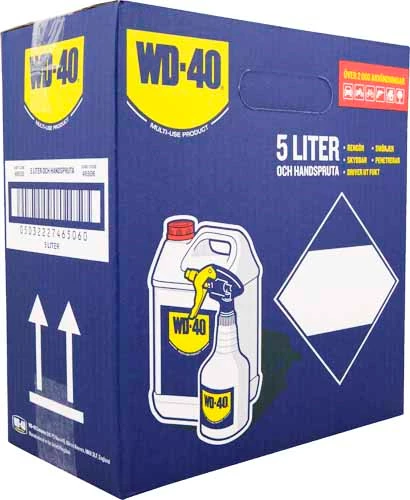 WD-40 Smörjspray/Multispray i kartong med 5-liters dunk och duschsprayflaska.