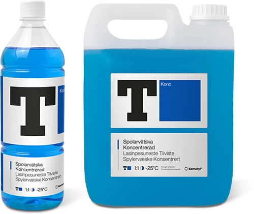 Spolarvätska koncentrerad T-Blå i 1-liters flaska och 4-liters dunk.