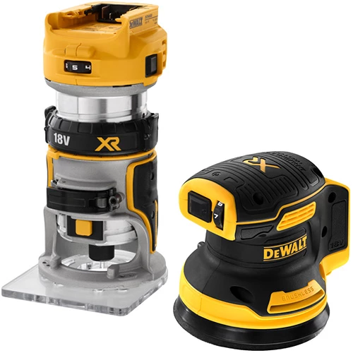 DeWalt Elverktygskit med enhandsfräs och excenterslipmaskin.