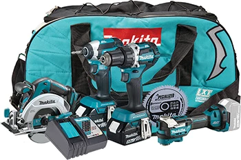 Makita Verktygspaket 18V DLX4197TX1 Kombokit LXT med 4st maskiner, batteri, laddare, klinga och tygväska.