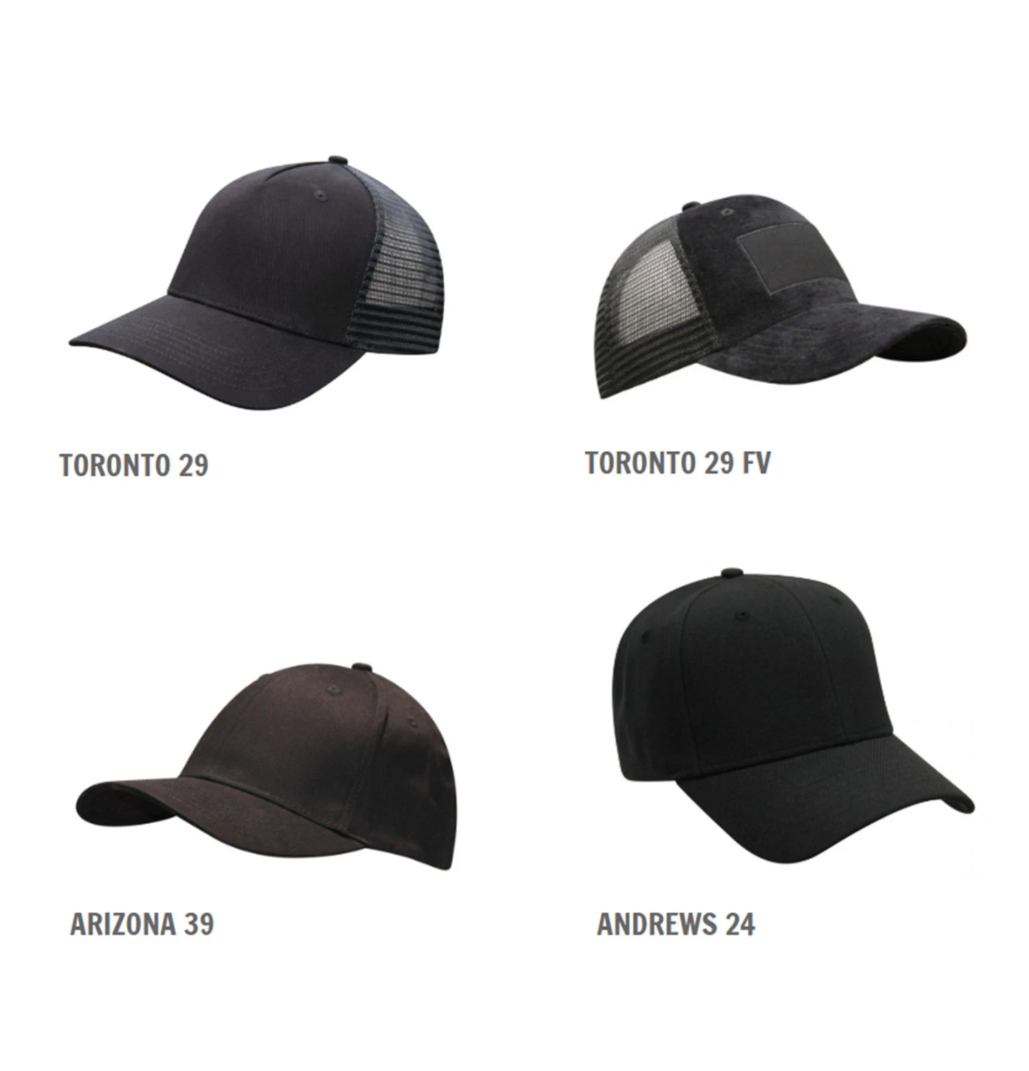 Kepsmodellerna Toronto 29, Toronto 29 FV, Arizona 39 och Andrews 24.