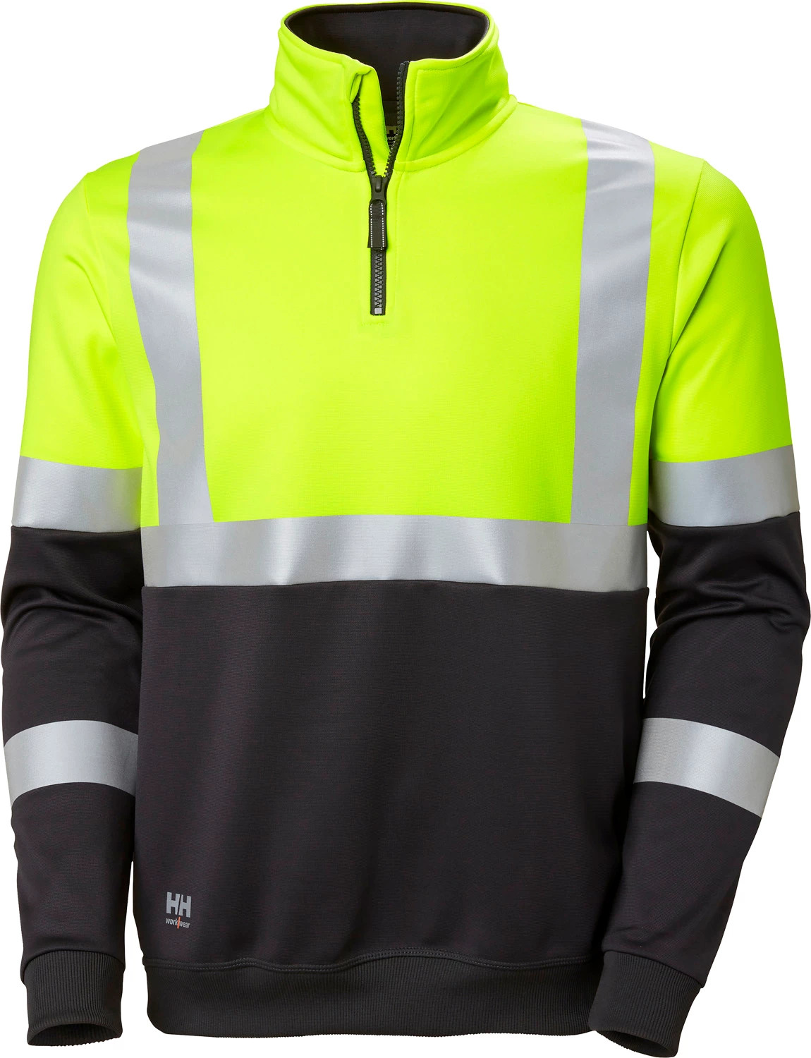 Helly Hansen Workwear varseltröja i gul och svart med halv dragkedja, hög krage och reflexband över bröst, axlar och ärmar.