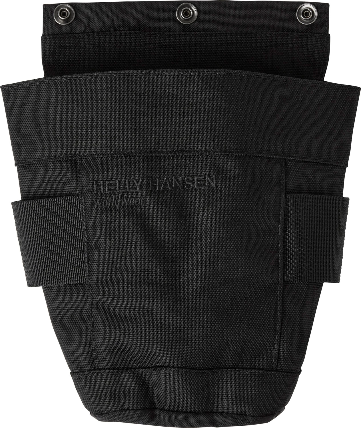 Hängficka HH Connect Bucket Pocket M från Helly Hansen. En svart verktygsficka i slitstarkt tyg med flera fack, sidoband och metallknappar upptill för fastsättning.